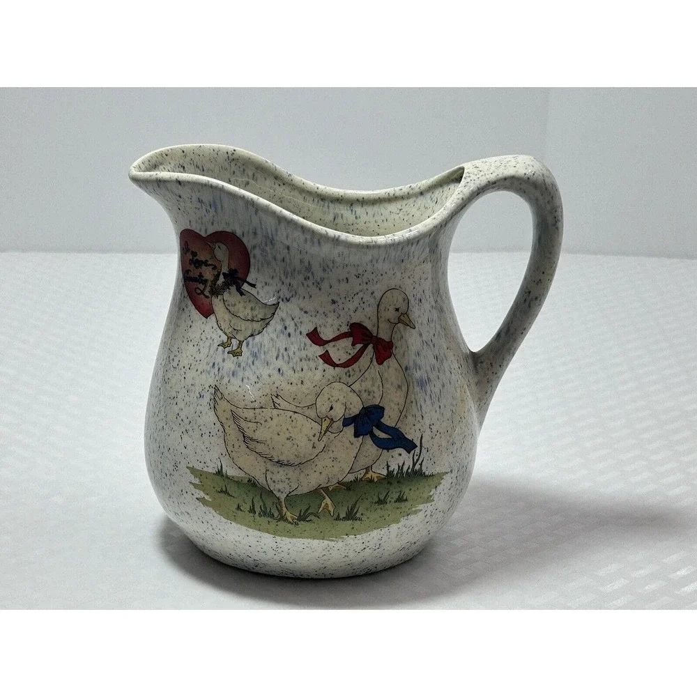 Vintage I love Country Geese speckled Blue‎ Pitcher